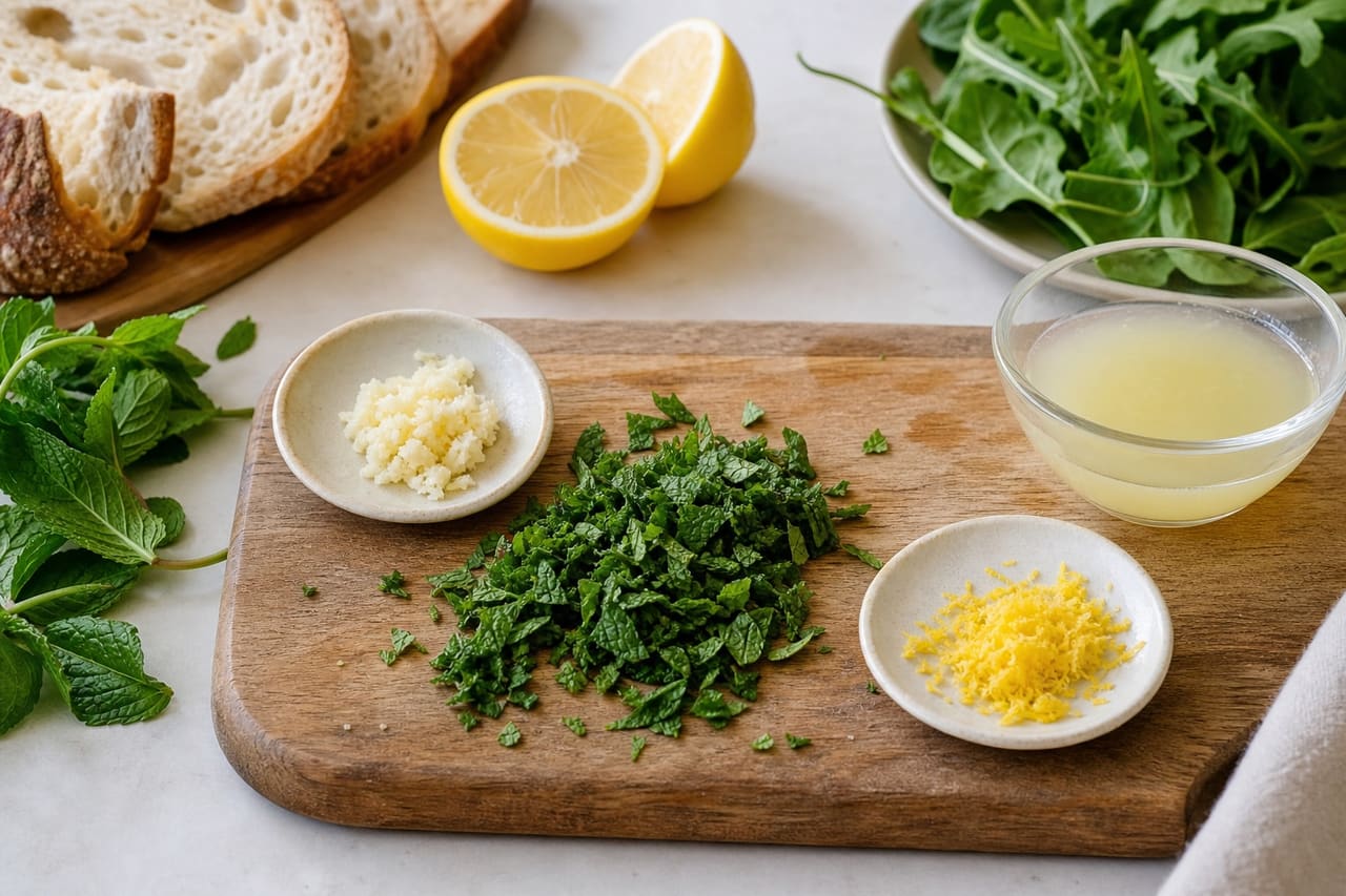 Goat's Cheese Pea Tartines with Lemon Herb Salad cooking step 1: Prepare the herbs and lemon.