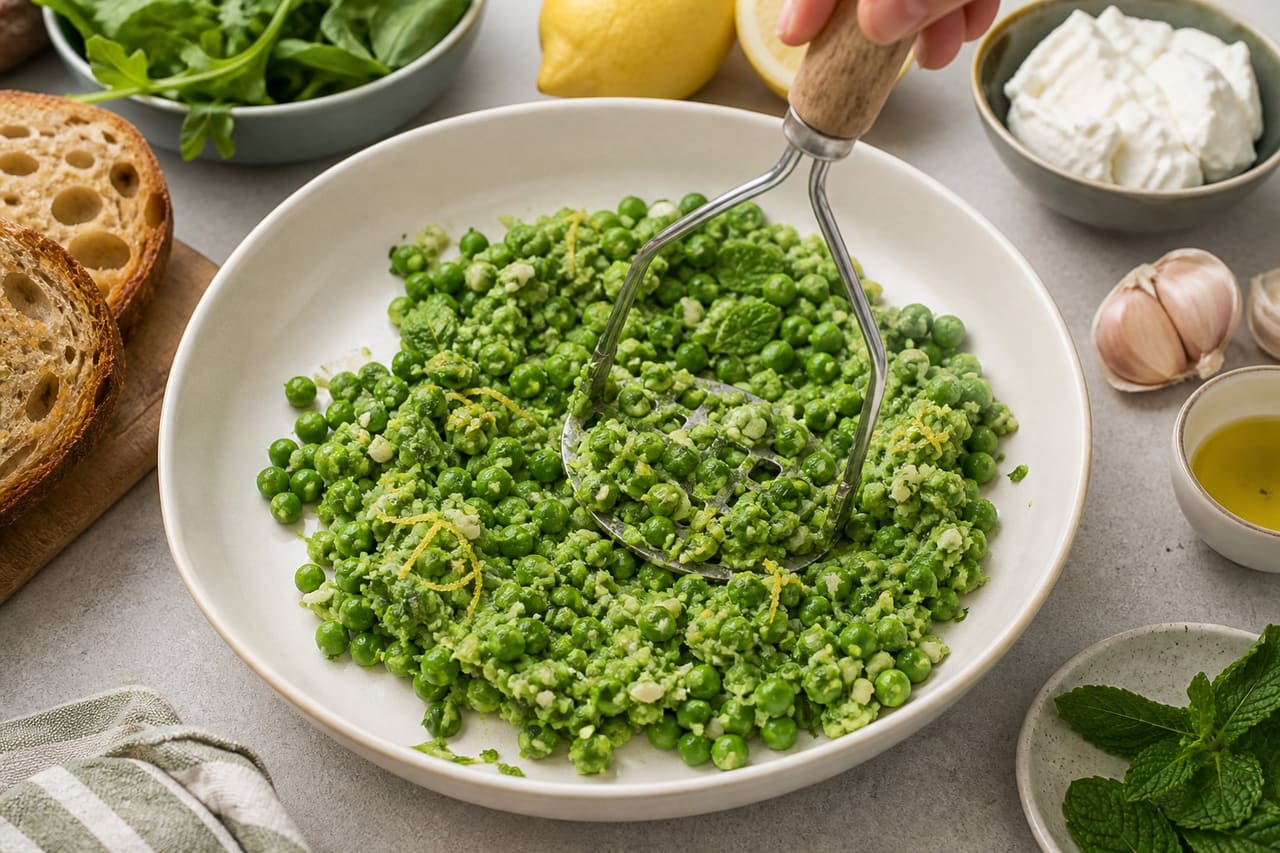 Goat's Cheese Pea Tartines with Lemon Herb Salad cooking step 3: Crush the pea base.