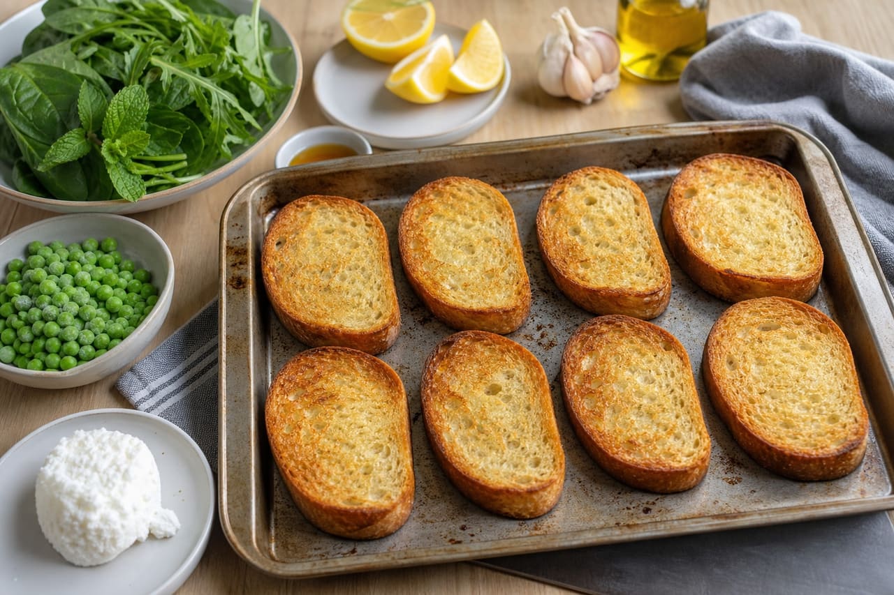 Goat's Cheese Pea Tartines with Lemon Herb Salad cooking step 4: Toast the bread.