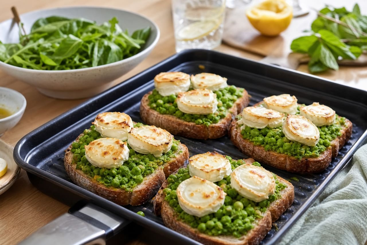 Goat's Cheese Pea Tartines with Lemon Herb Salad cooking step 5: Build the tartines.