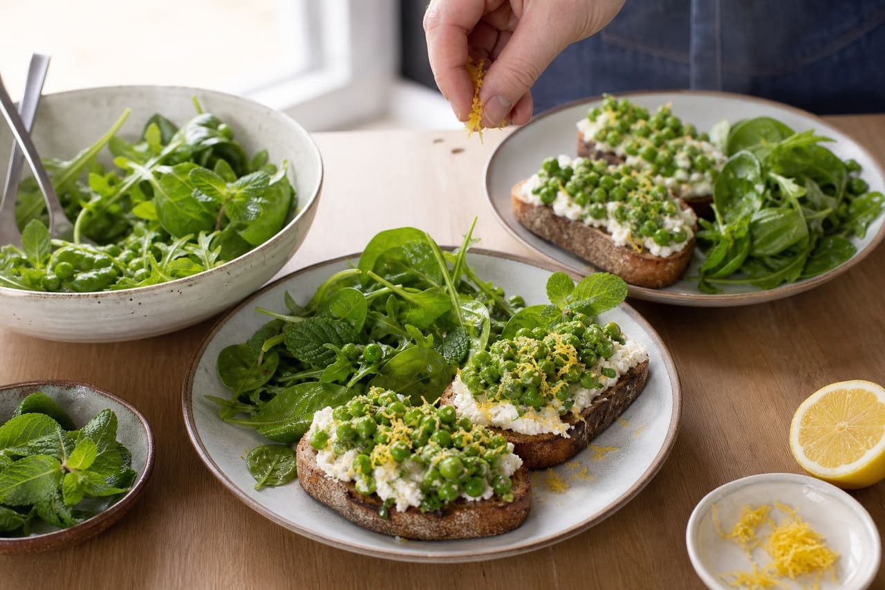 Goat's Cheese Pea Tartines with Lemon Herb Salad cooking step 6: Dress and serve.