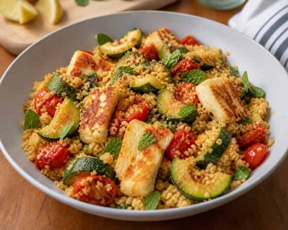 Golden Halloumi Courgette Couscous with Mint.