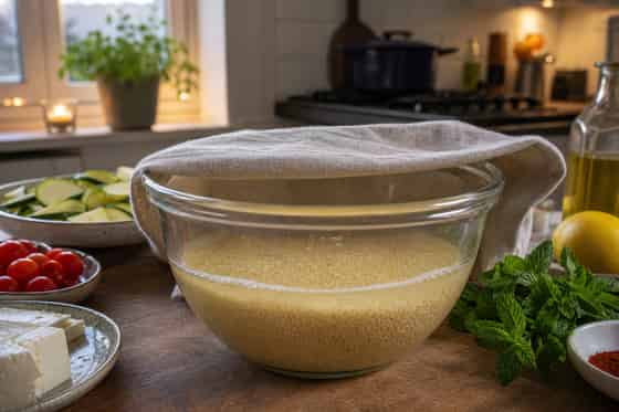 Golden Halloumi Courgette Couscous with Mint cooking step 2: Soak the couscous.