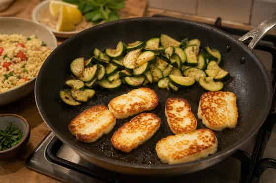 Golden Halloumi Courgette Couscous with Mint cooking step 4: Golden the halloumi.