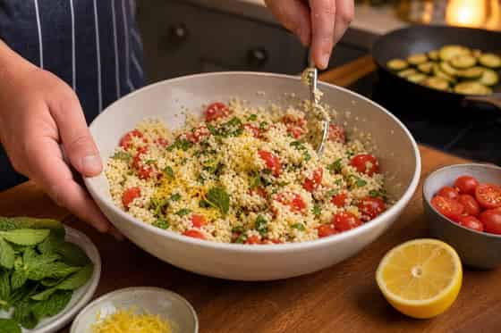 Golden Halloumi Courgette Couscous with Mint cooking step 5: Dress the couscous.