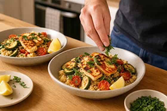 Golden Halloumi Courgette Couscous with Mint cooking step 6: Build the bowls.