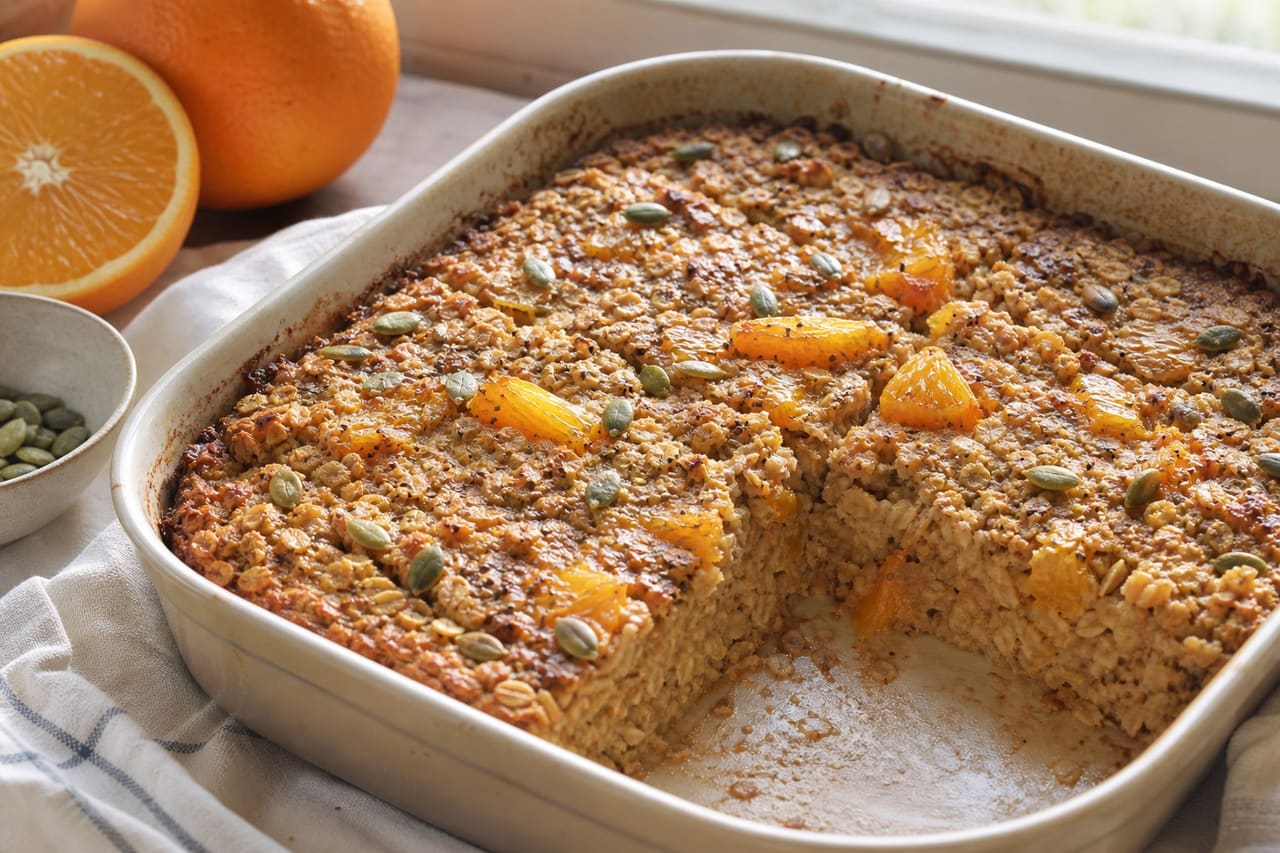 Golden Orange Cinnamon Baked Oats with Pumpkin Seeds.