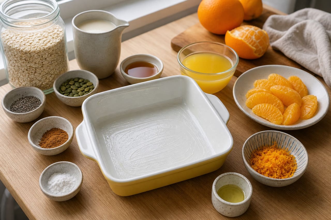 Golden Orange Cinnamon Baked Oats with Pumpkin Seeds cooking step 1: Prepare the dish and oranges.