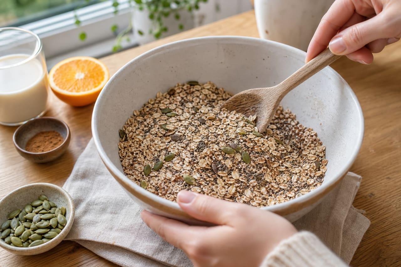 Golden Orange Cinnamon Baked Oats with Pumpkin Seeds cooking step 2: Mix the dry ingredients.