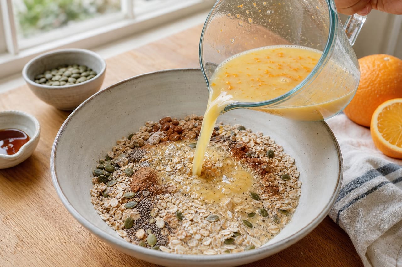 Golden Orange Cinnamon Baked Oats with Pumpkin Seeds cooking step 3: Add the citrus mixture.
