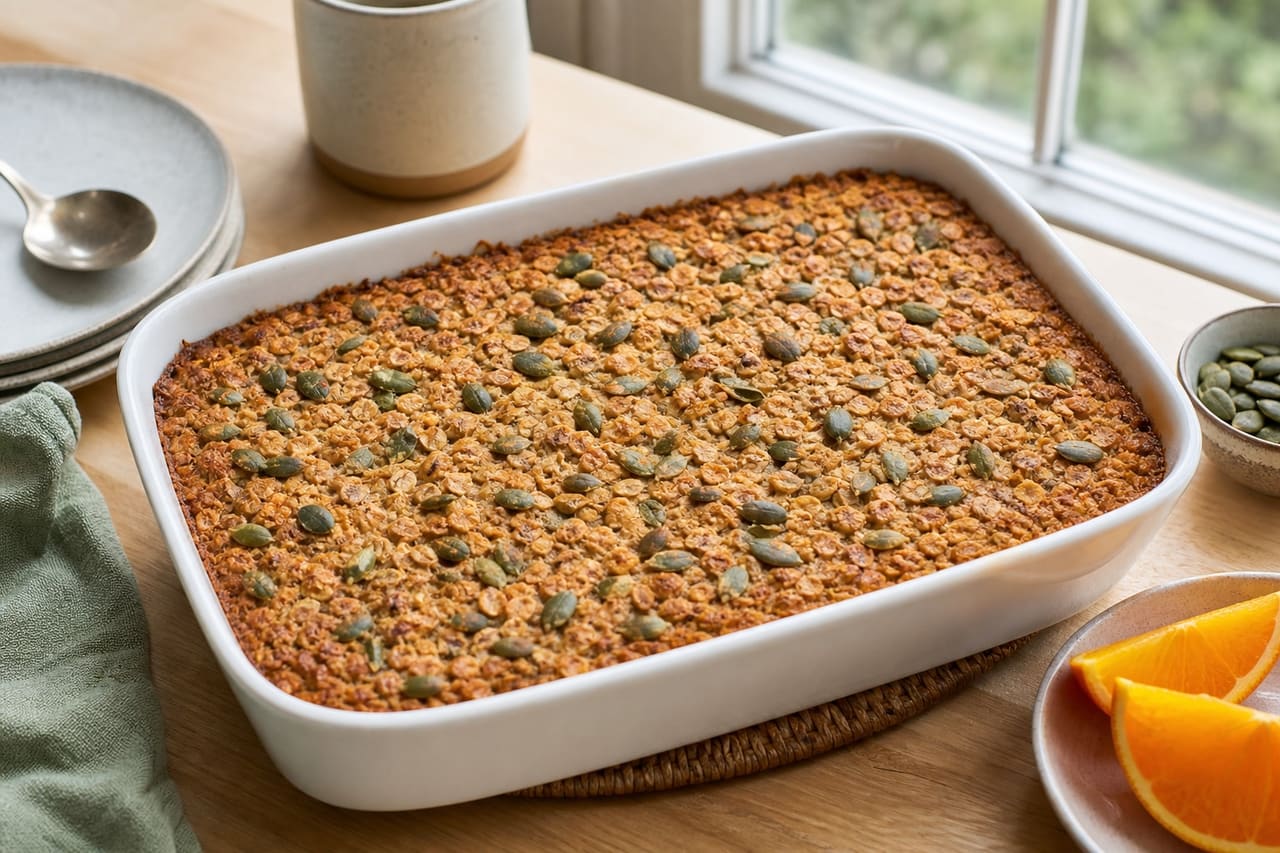 Golden Orange Cinnamon Baked Oats with Pumpkin Seeds cooking step 4: Bake until golden.