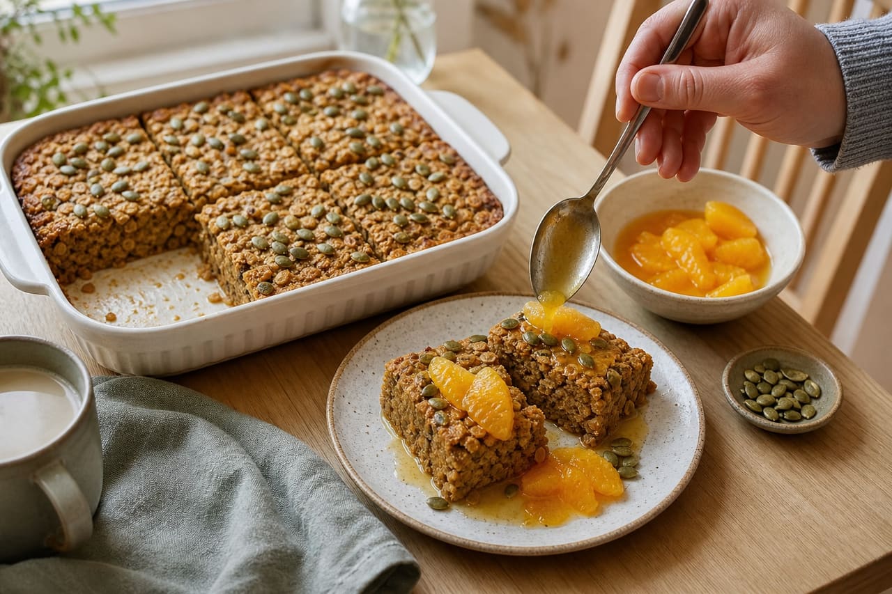 Golden Orange Cinnamon Baked Oats with Pumpkin Seeds cooking step 5: Cool and serve.
