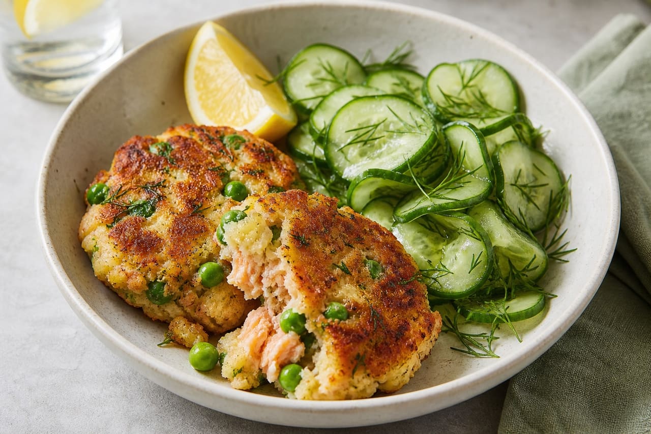 Golden Salmon Pea Fishcakes with Dill Cucumber Salad.