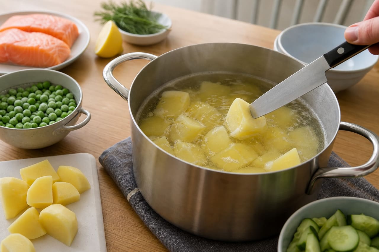 Golden Salmon Pea Fishcakes with Dill Cucumber Salad cooking step 1: Boil the potatoes.