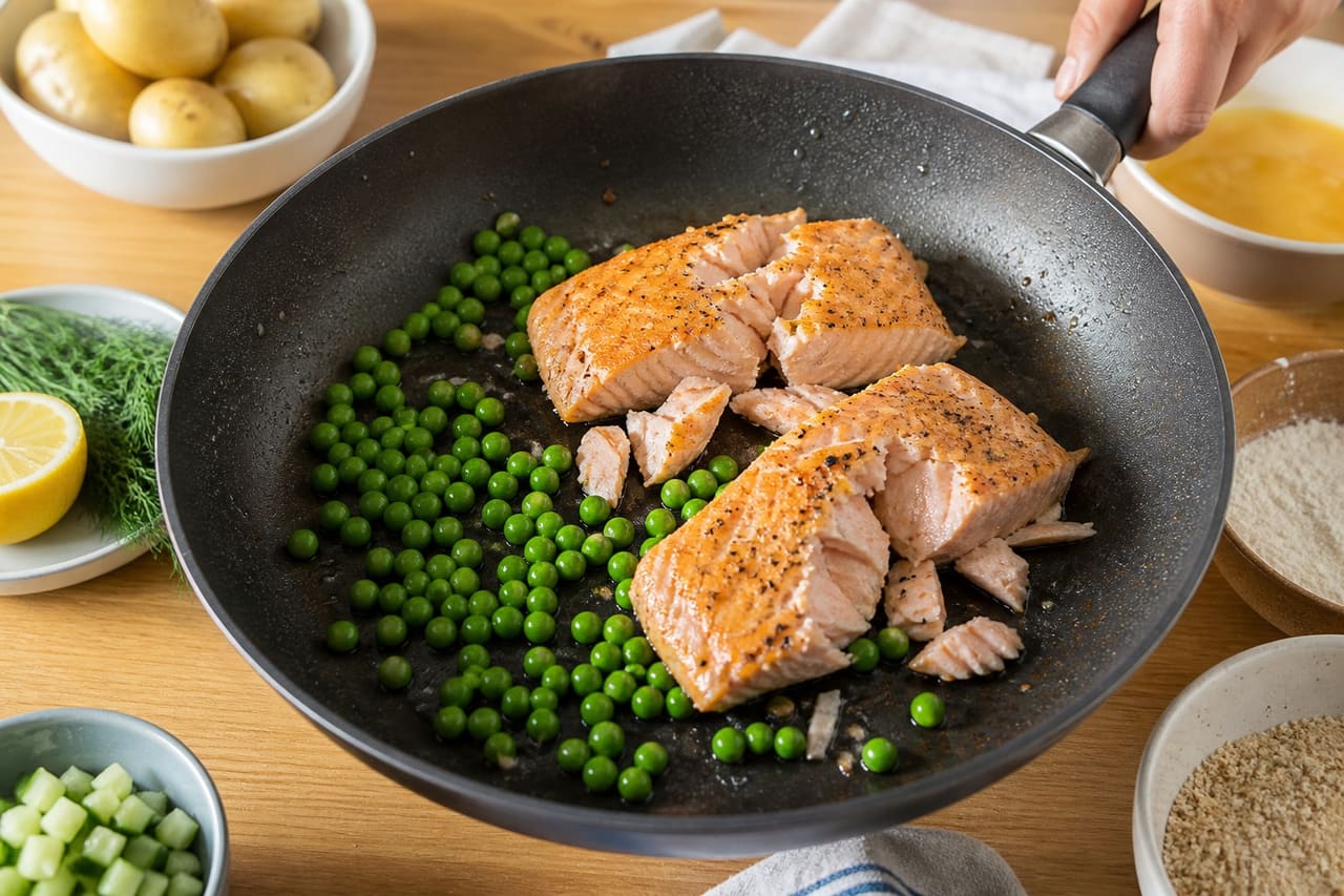 Golden Salmon Pea Fishcakes with Dill Cucumber Salad cooking step 2: Cook the salmon and peas.