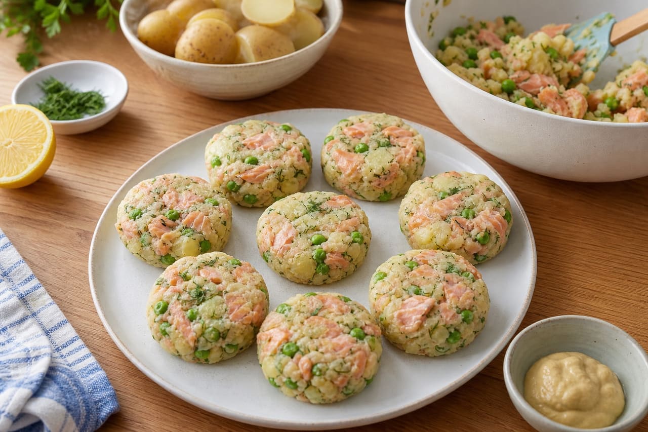 Golden Salmon Pea Fishcakes with Dill Cucumber Salad cooking step 3: Mix and shape.