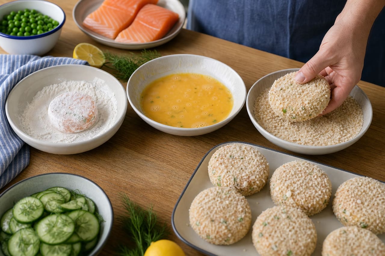 Golden Salmon Pea Fishcakes with Dill Cucumber Salad cooking step 4: Coat the fishcakes.