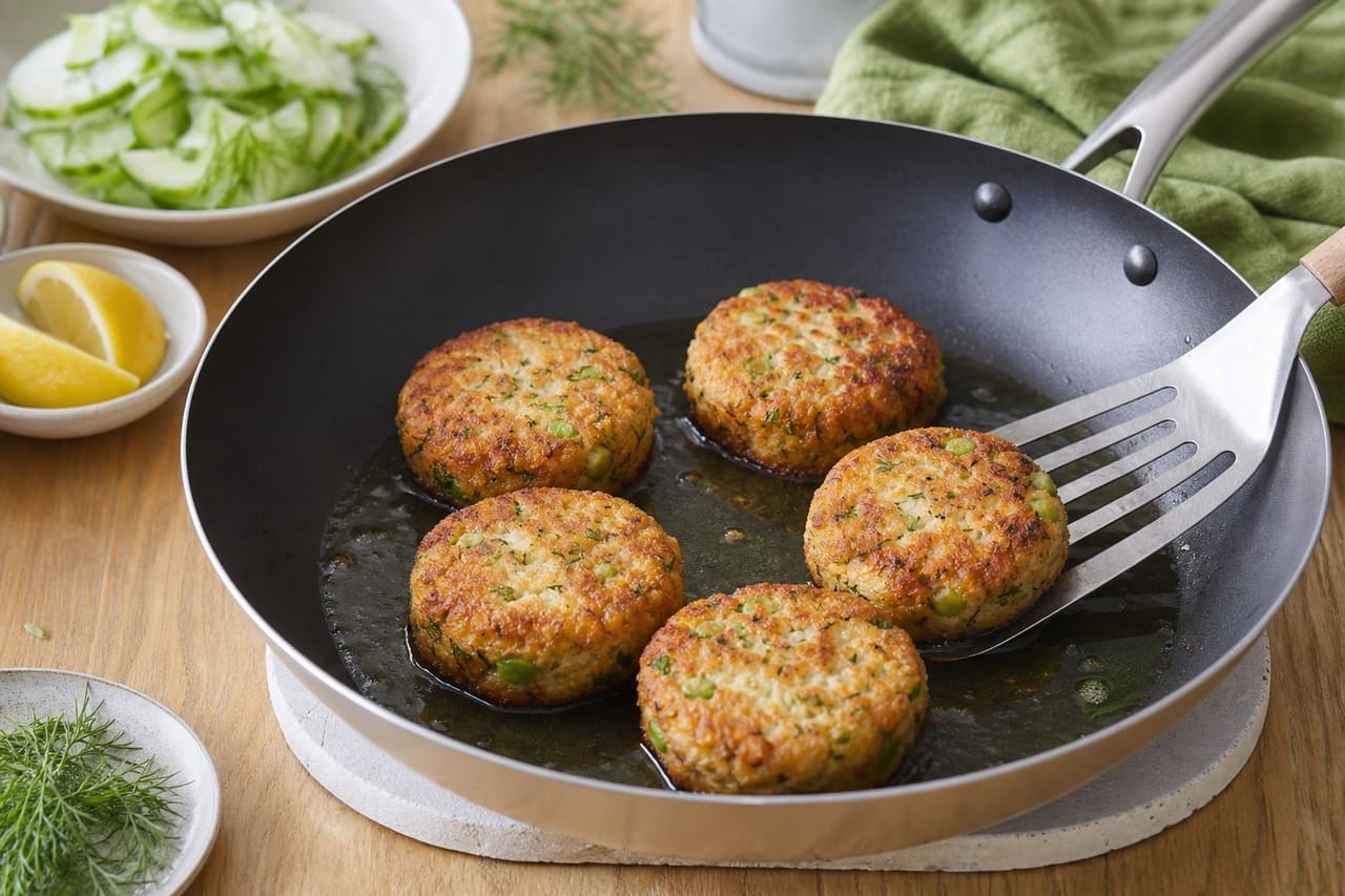 Golden Salmon Pea Fishcakes with Dill Cucumber Salad cooking step 5: Fry until golden.
