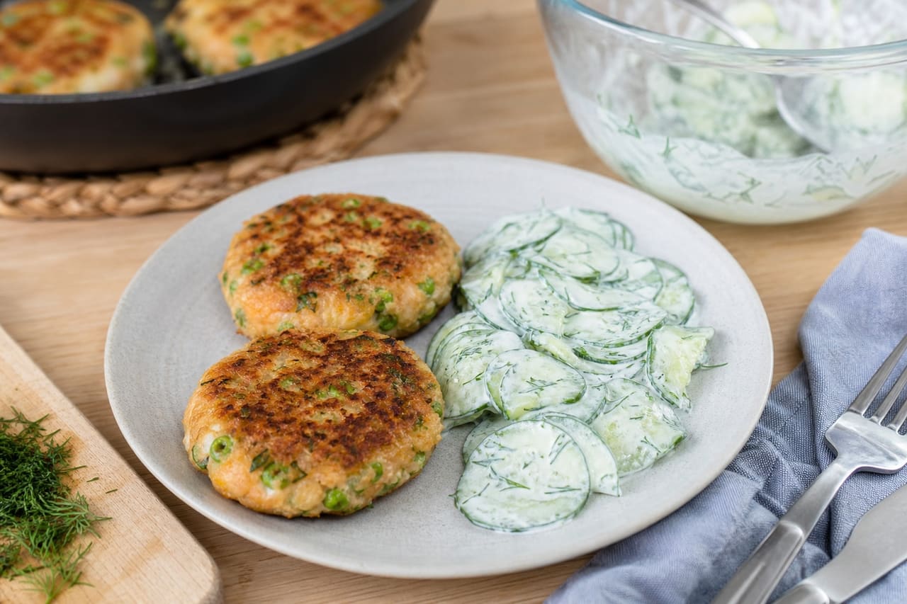 Golden Salmon Pea Fishcakes with Dill Cucumber Salad cooking step 6: Make the cucumber salad.