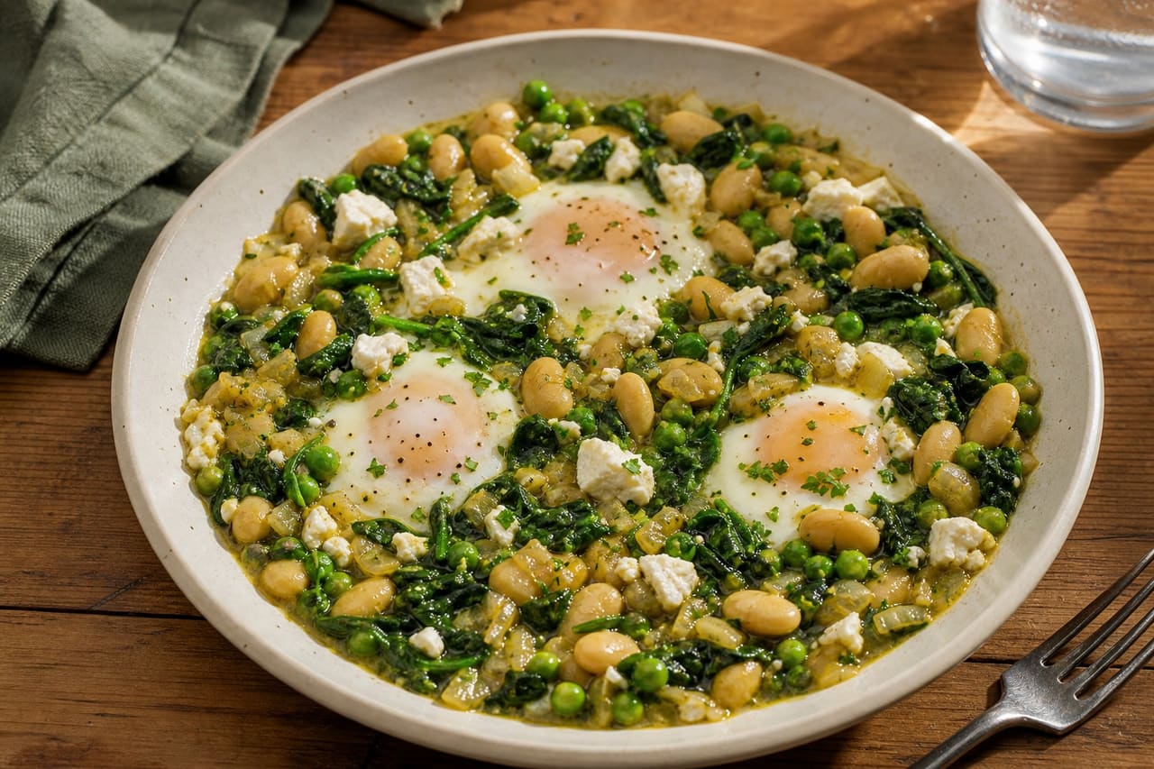Green Butter Bean Shakshuka with Spinach and Feta.