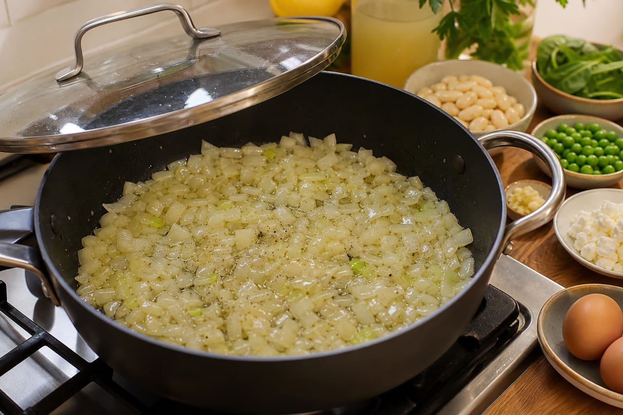 Green Butter Bean Shakshuka with Spinach and Feta cooking step 2: Soften the onion.