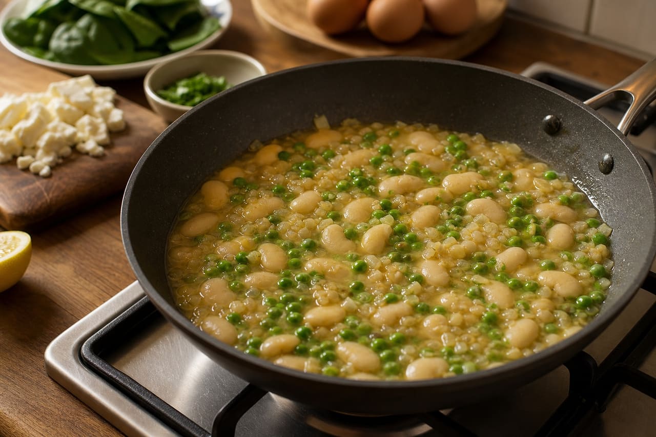 Green Butter Bean Shakshuka with Spinach and Feta cooking step 3: Simmer the beans and peas.