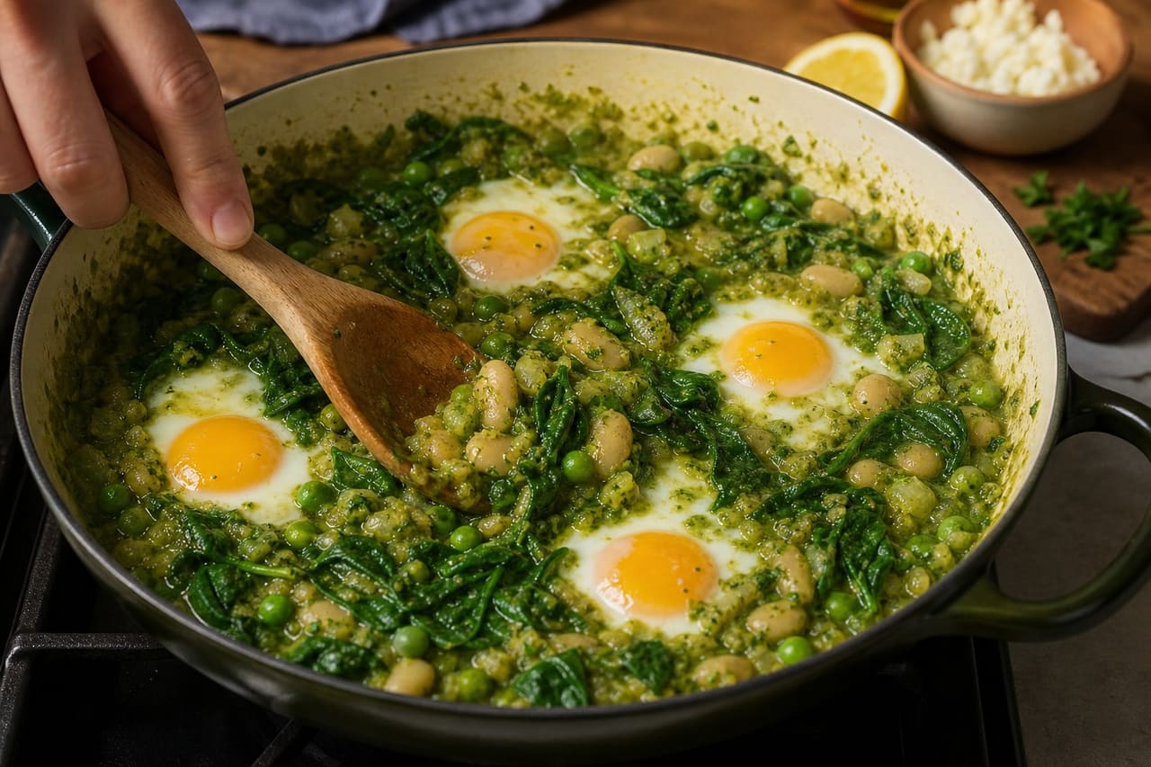 Green Butter Bean Shakshuka with Spinach and Feta cooking step 4: Wilt the spinach.