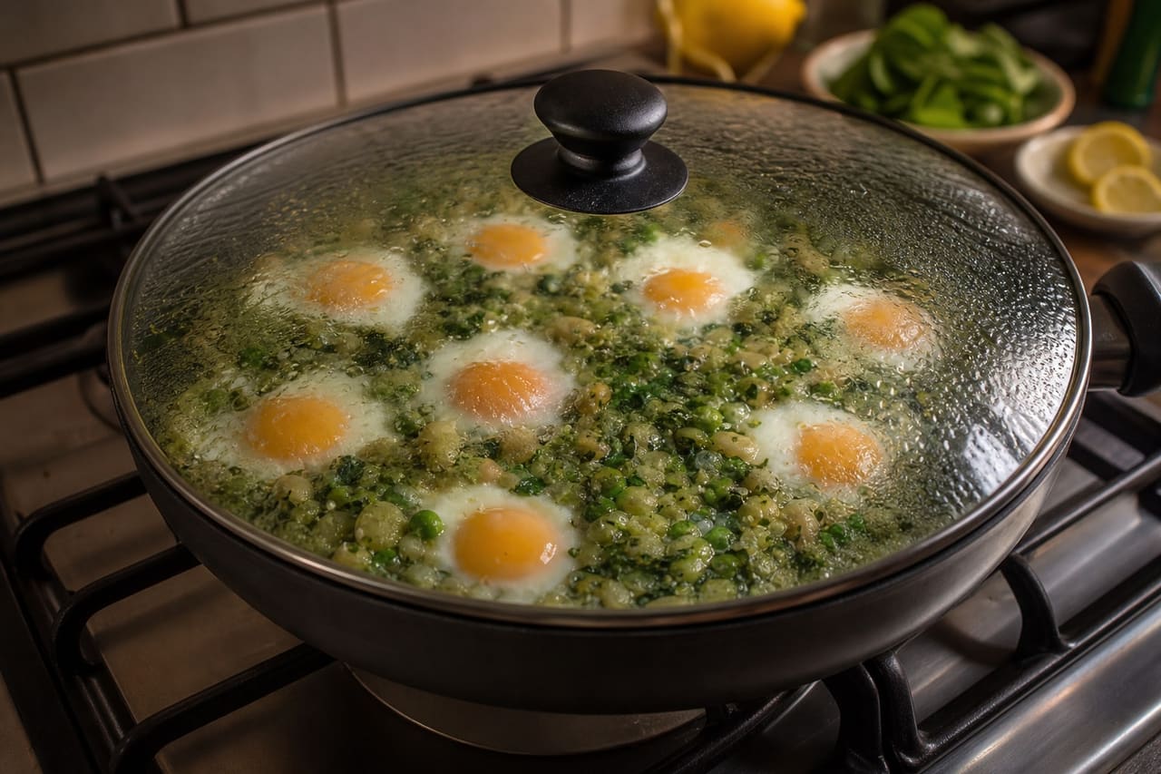 Green Butter Bean Shakshuka with Spinach and Feta cooking step 5: Set the eggs.