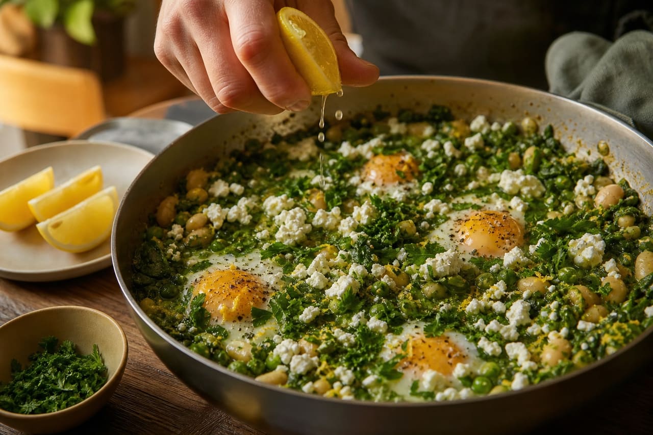 Green Butter Bean Shakshuka with Spinach and Feta cooking step 6: Finish with feta.