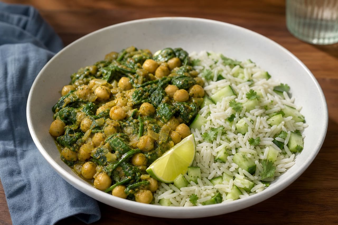 Green Tikka Chickpeas with Spinach Cucumber Rice.