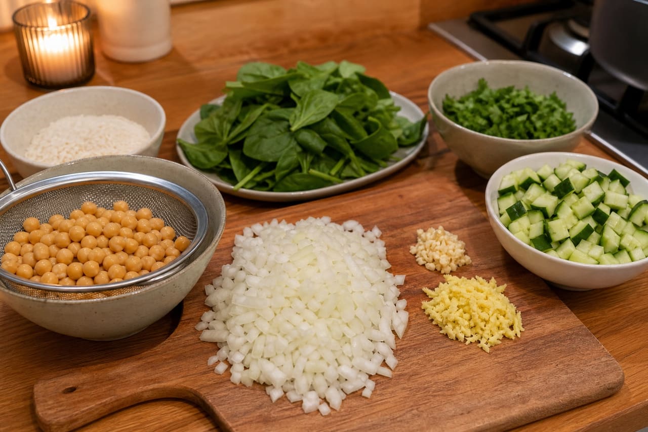 Green Tikka Chickpeas with Spinach Cucumber Rice cooking step 1: Prepare the aromatics.