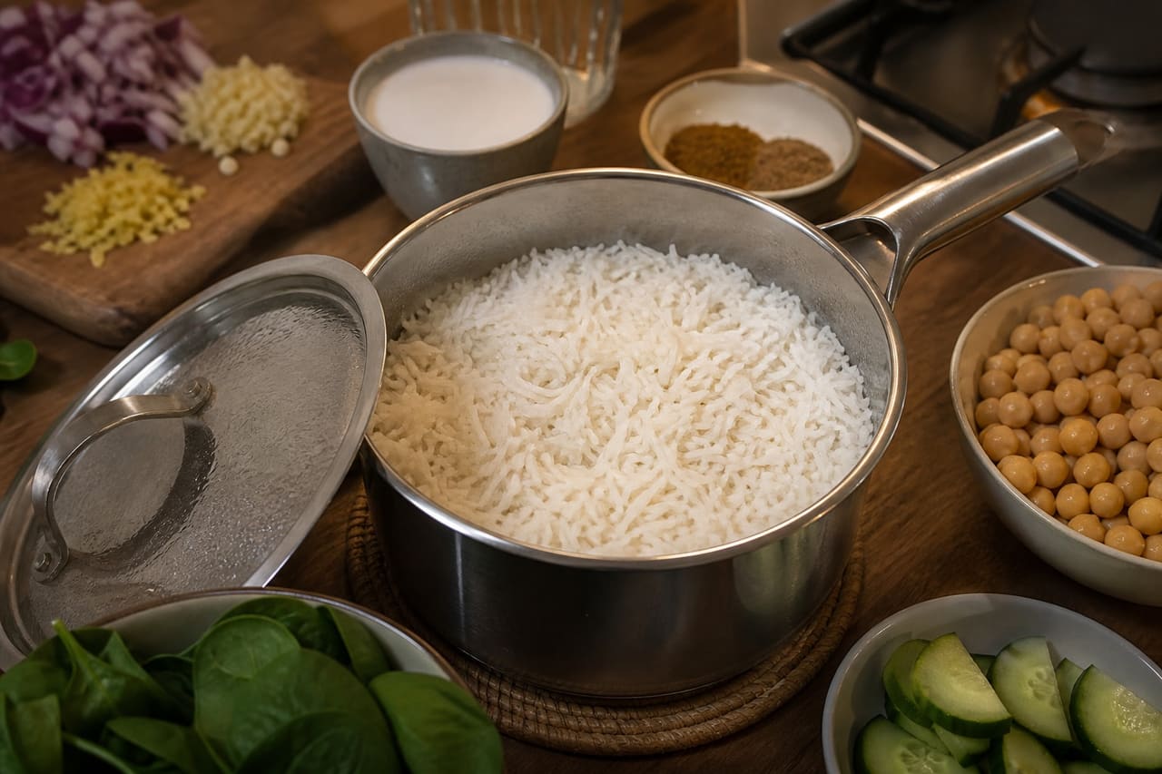 Green Tikka Chickpeas with Spinach Cucumber Rice cooking step 2: Cook the rice.