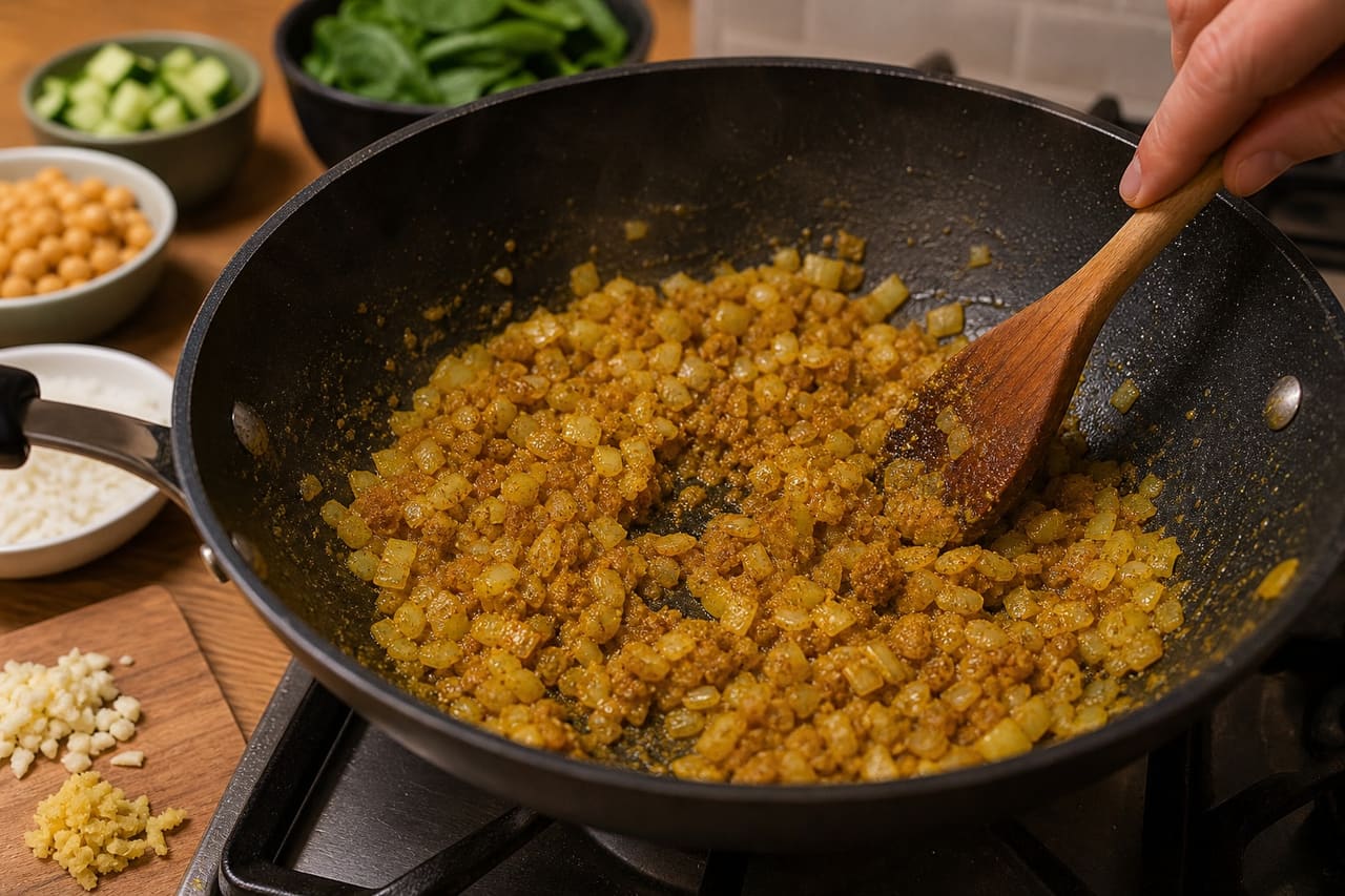 Green Tikka Chickpeas with Spinach Cucumber Rice cooking step 3: Build the spice base.