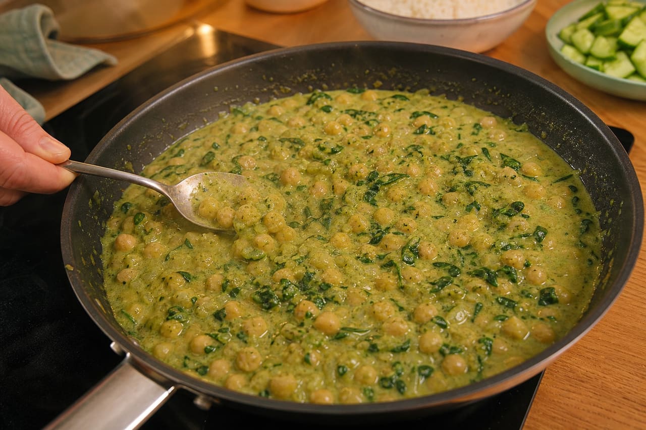 Green Tikka Chickpeas with Spinach Cucumber Rice cooking step 4: Simmer the chickpeas.