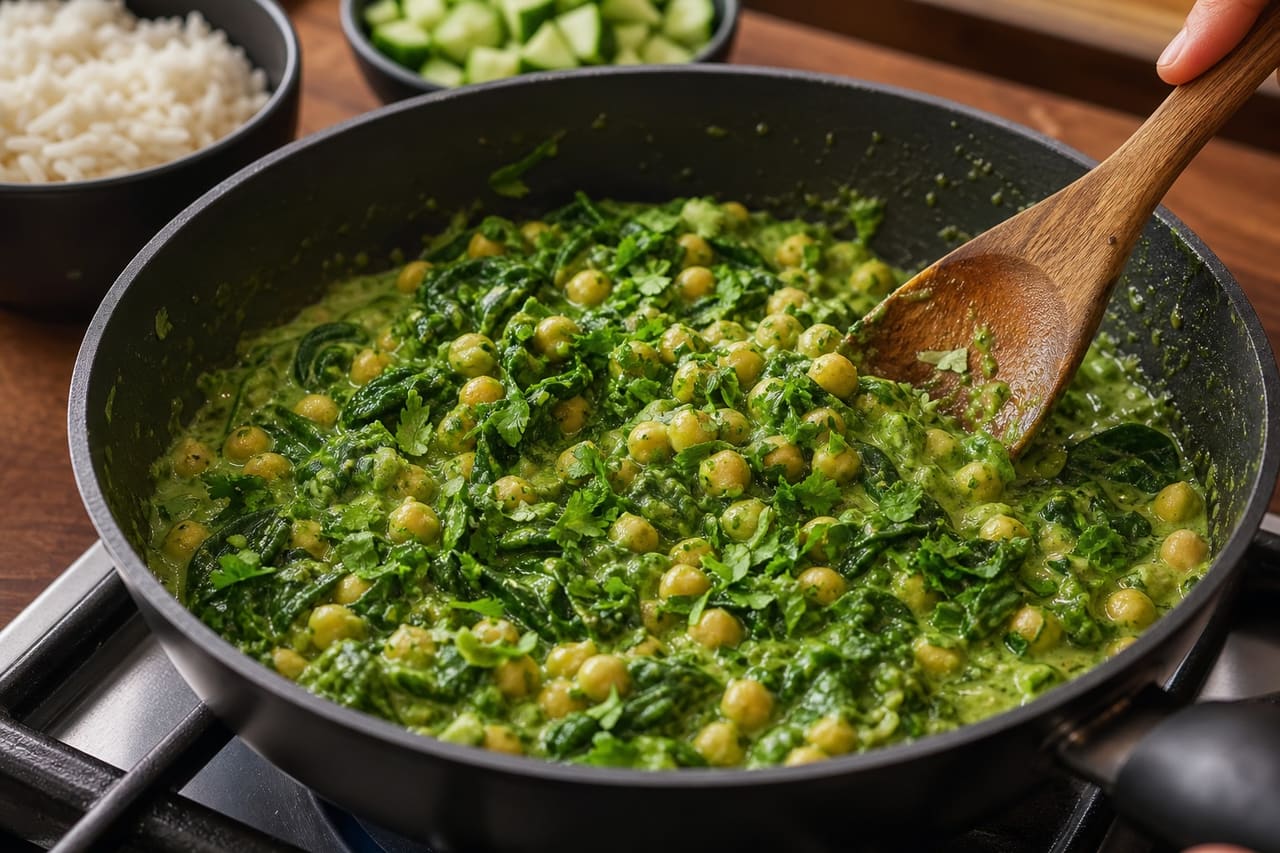 Green Tikka Chickpeas with Spinach Cucumber Rice cooking step 5: Make it green.