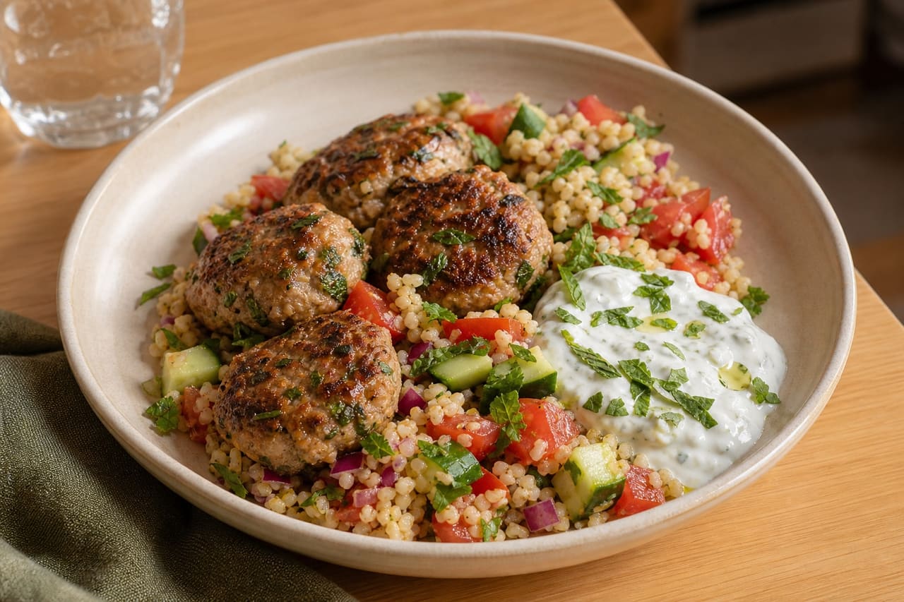 Herby Pork Koftas with Bulgur Tomato Salad and Lemon Yoghurt.