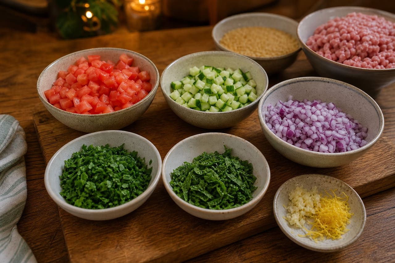 Herby Pork Koftas with Bulgur Tomato Salad and Lemon Yoghurt cooking step 1: Prepare the fresh ingredients.