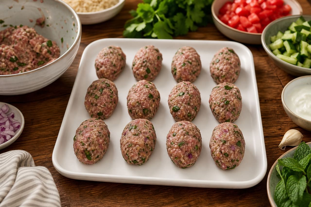 Herby Pork Koftas with Bulgur Tomato Salad and Lemon Yoghurt cooking step 2: Shape the koftas.
