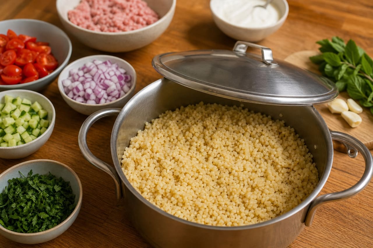 Herby Pork Koftas with Bulgur Tomato Salad and Lemon Yoghurt cooking step 3: Cook the bulgur.