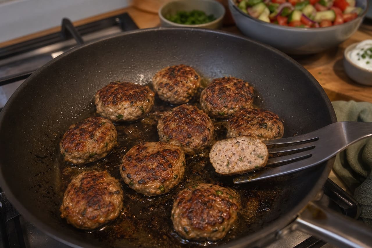 Herby Pork Koftas with Bulgur Tomato Salad and Lemon Yoghurt cooking step 4: Brown and cook the koftas.