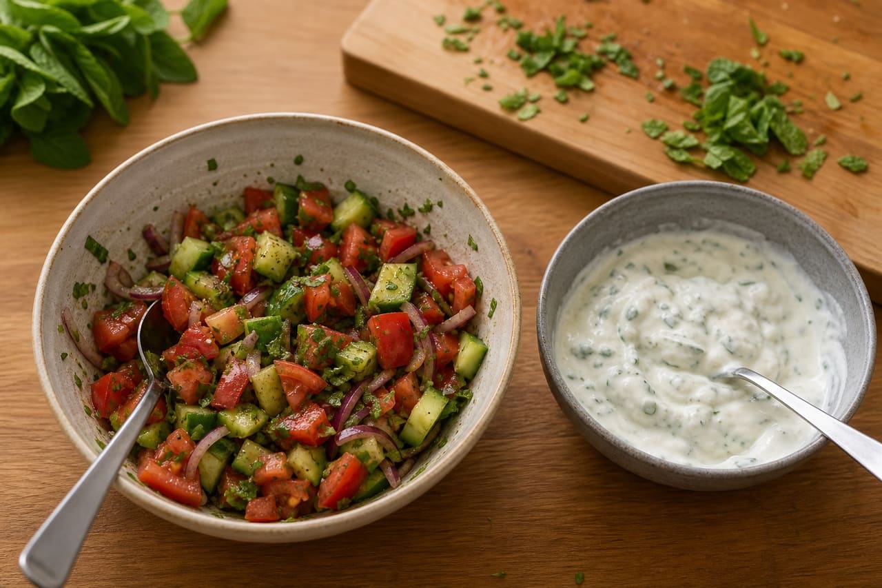 Herby Pork Koftas with Bulgur Tomato Salad and Lemon Yoghurt cooking step 5: Mix the salad and yoghurt.