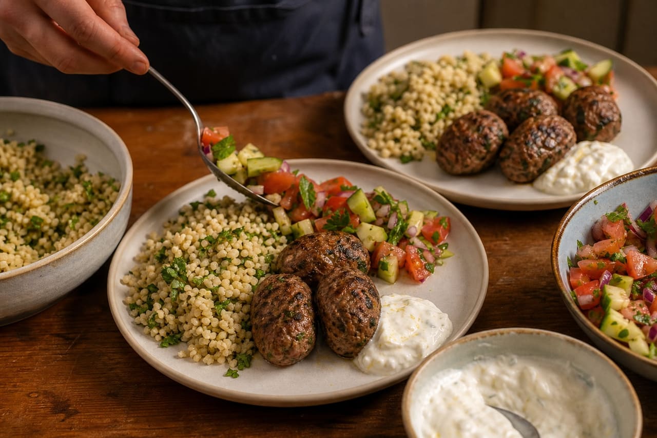 Herby Pork Koftas with Bulgur Tomato Salad and Lemon Yoghurt cooking step 6: Assemble the plates.