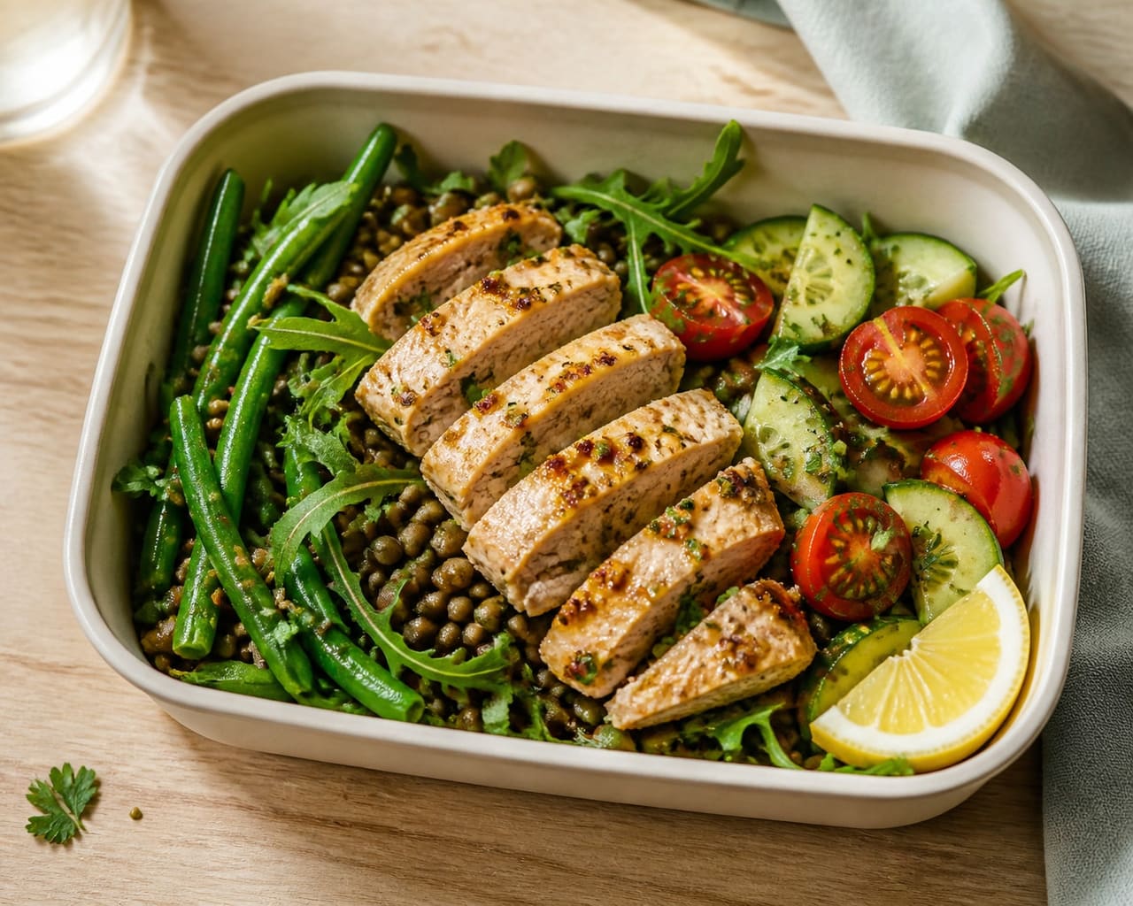 Mustardy Chicken Lentil Salad Boxes with Green Beans.