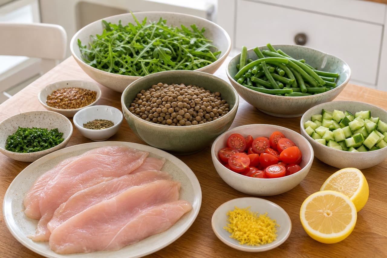 Mustardy Chicken Lentil Salad Boxes with Green Beans cooking step 1: Prepare the salad.