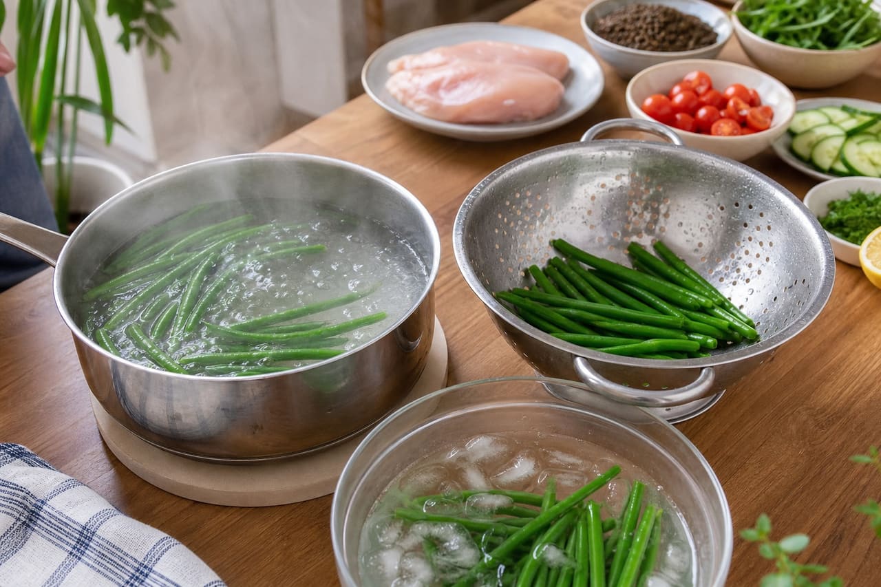 Mustardy Chicken Lentil Salad Boxes with Green Beans cooking step 2: Blanch the green beans.