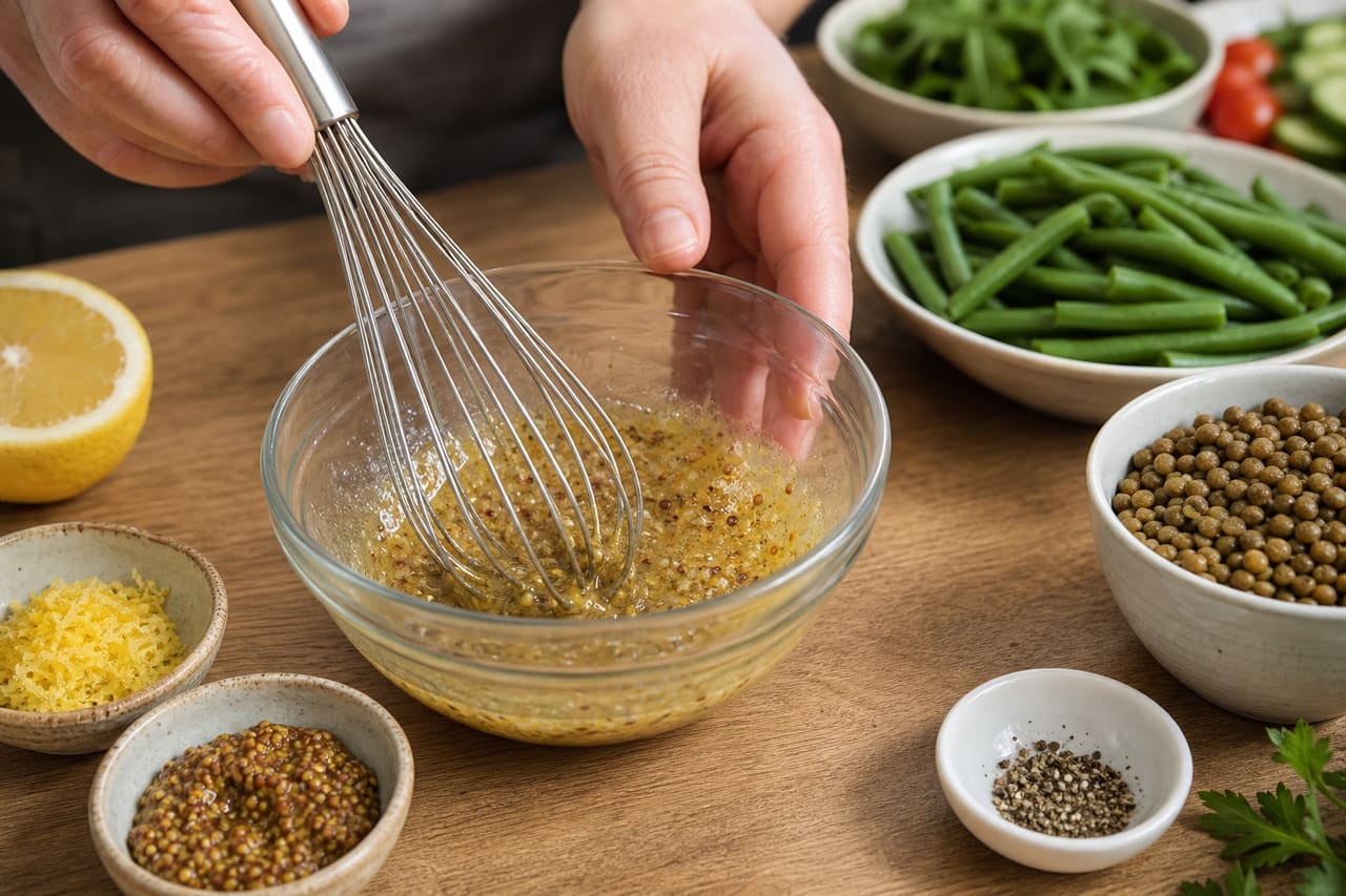 Mustardy Chicken Lentil Salad Boxes with Green Beans cooking step 3: Whisk the mustard dressing.