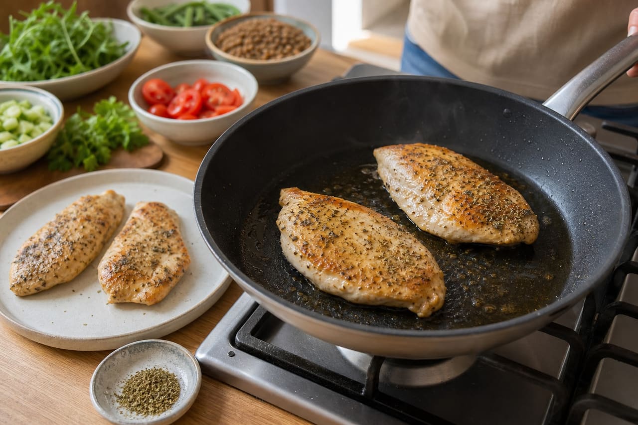 Mustardy Chicken Lentil Salad Boxes with Green Beans cooking step 4: Cook the chicken.