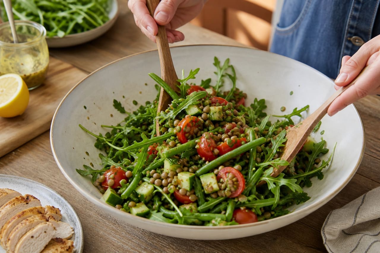 Mustardy Chicken Lentil Salad Boxes with Green Beans cooking step 5: Fold the lentil salad.