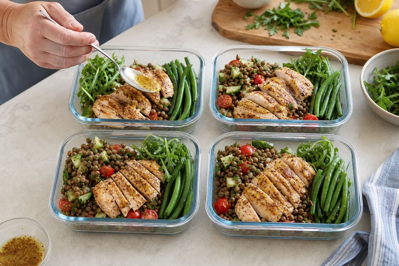 Mustardy Chicken Lentil Salad Boxes with Green Beans cooking step 6: Pack the lunch boxes.