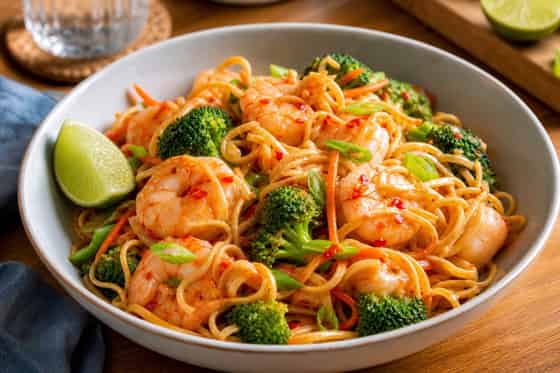 Prawn Broccoli Sweet Chilli Noodles with Lime.